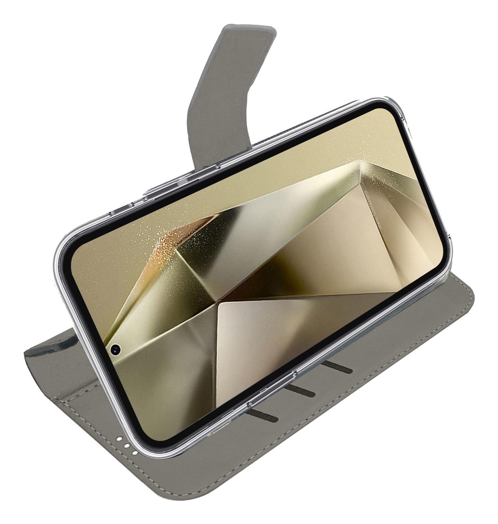 Custodia grigia a libro per cellulare con smartphone argentato.