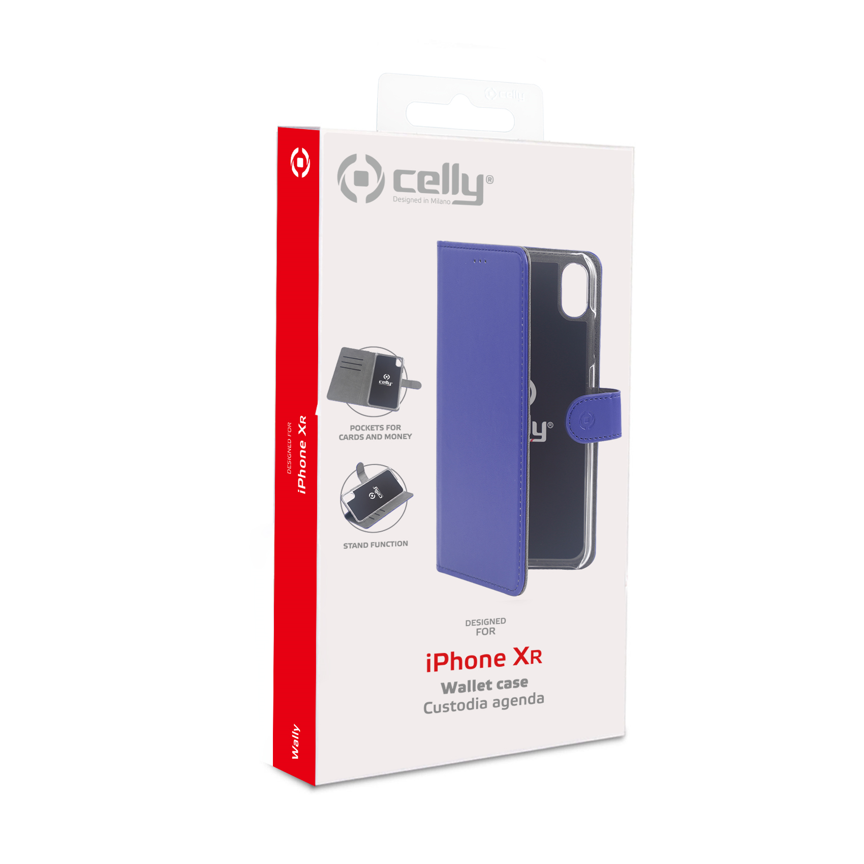 Confezione di una custodia a portafoglio blu per iPhone XR con tasche per carte e funzione.