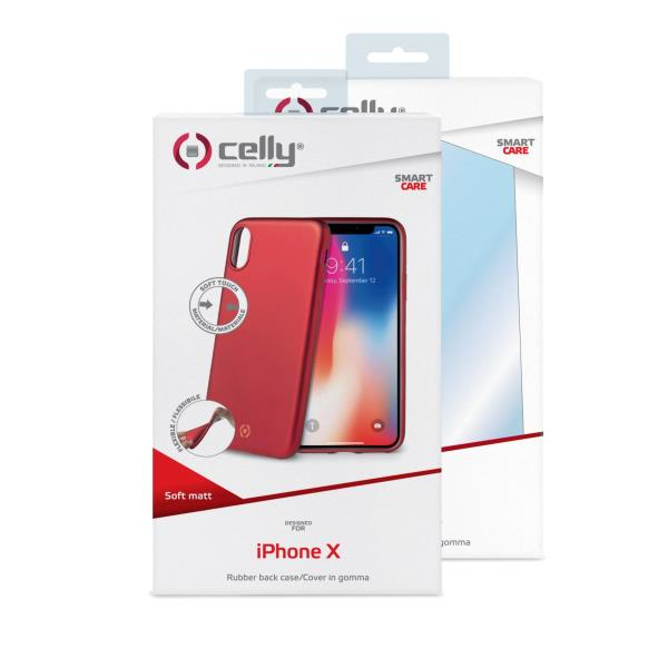 Confezione cover rossa e pellicola per iPhone X su sfondo bianco.