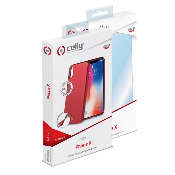 Confezione per custodia rossa Celly iPhone X. Il fronte mostra il telefono.