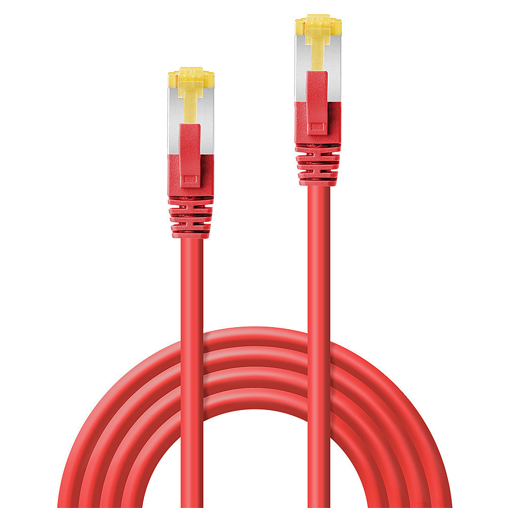 Dos cables ethernet rojos con conectores amarillos y transparentes sobre fondo blanco.
