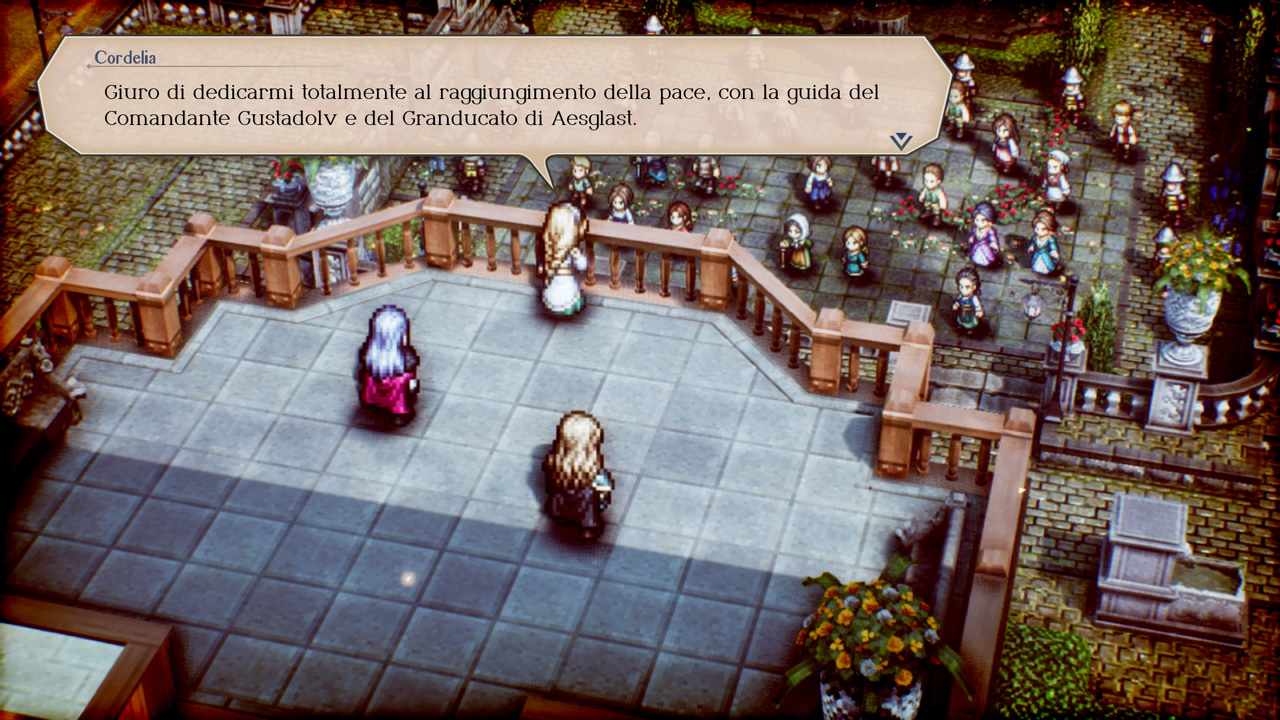 Personaggi in una scena di gioco con una casella di dialogo. Stanno in una piazza lastricata.