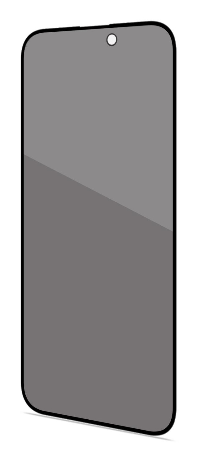 Una protezione per schermo per smartphone in vetro grigio con un ritaglio per la fotocamera frontale.