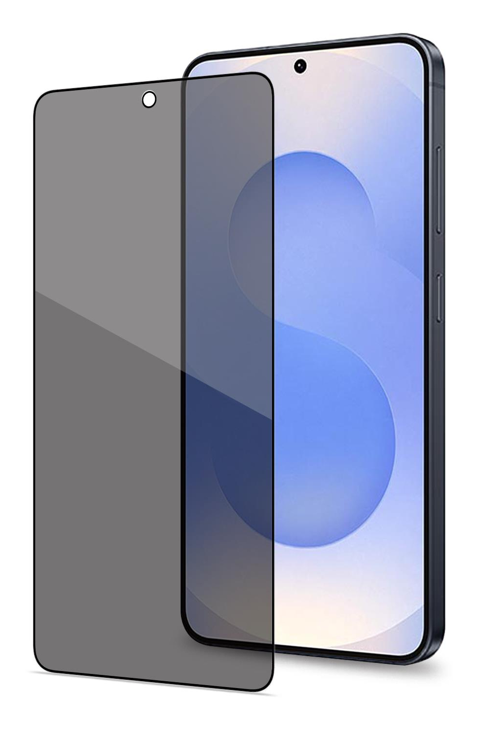 Una protezione dello schermo scura davanti a uno smartphone con sfondo blu.