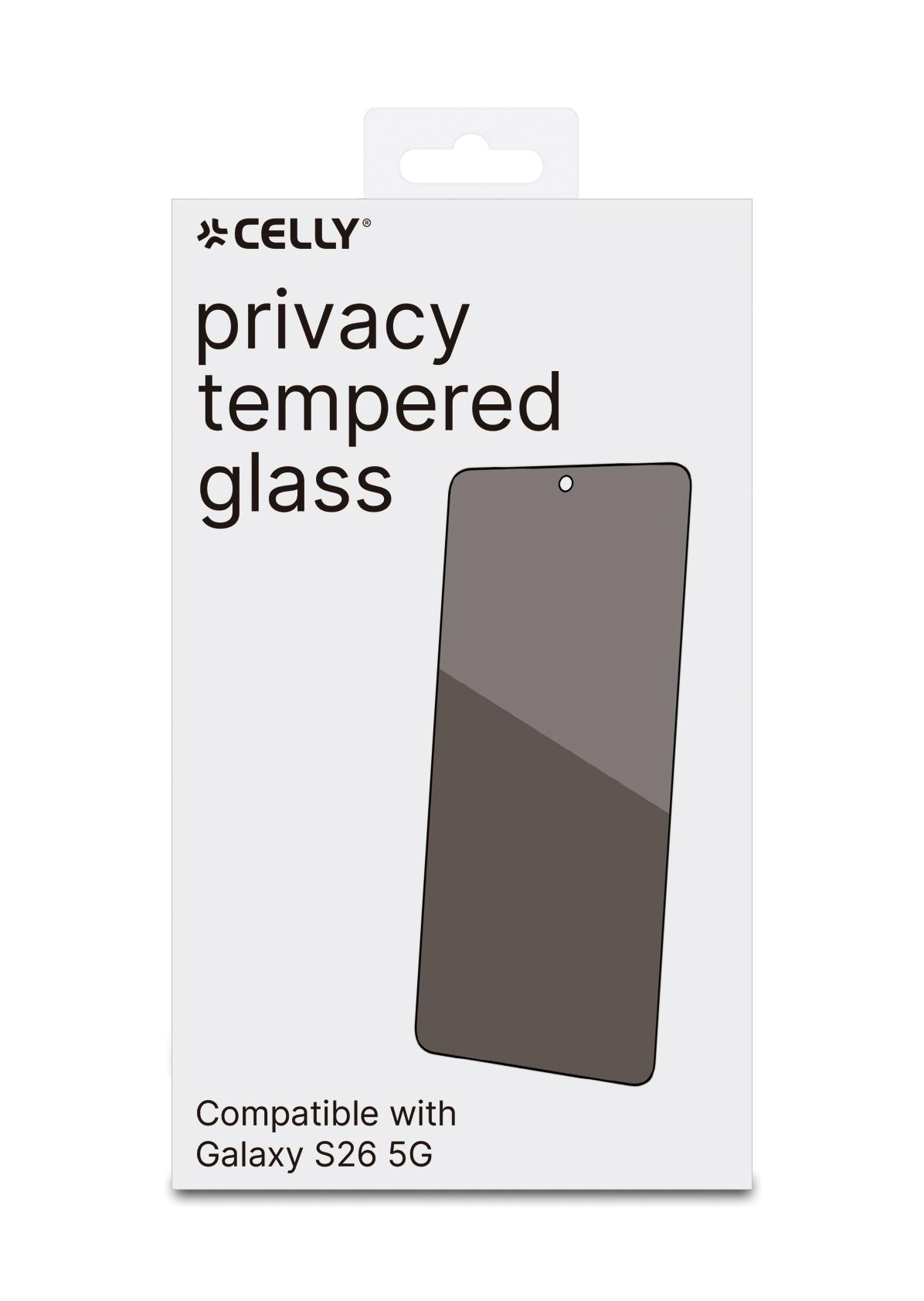 Confezione vetro temperato privacy Celly, compatibile con Galaxy S26 5G.