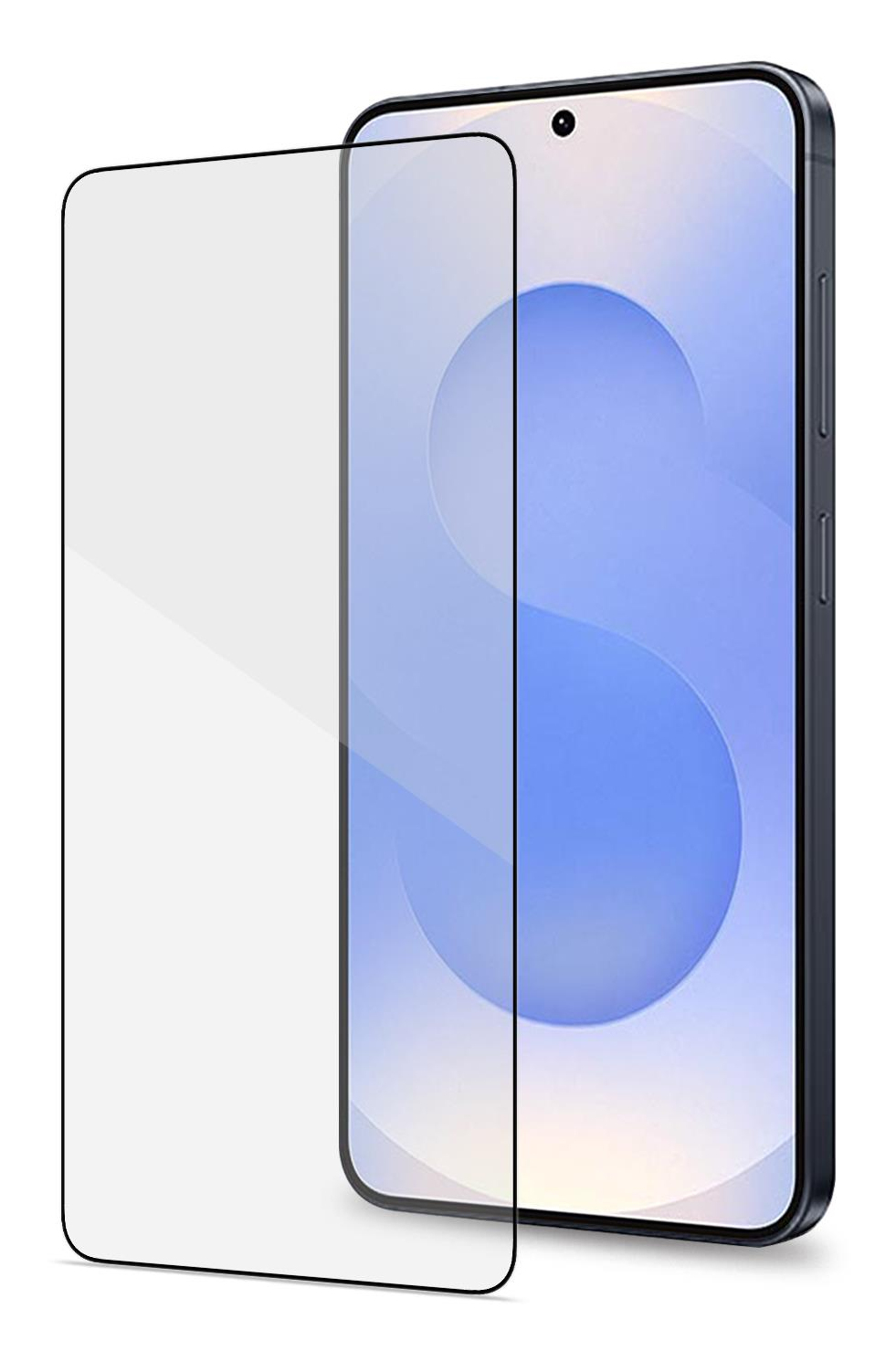 Un protector de pantalla transparente está frente a un smartphone con fondo azul.
