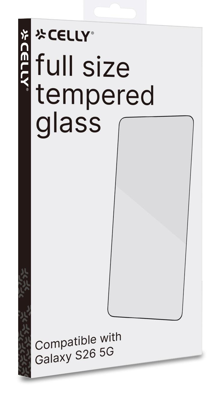 Embalaje de protector de pantalla de vidrio templado Celly para Galaxy S26 5G.