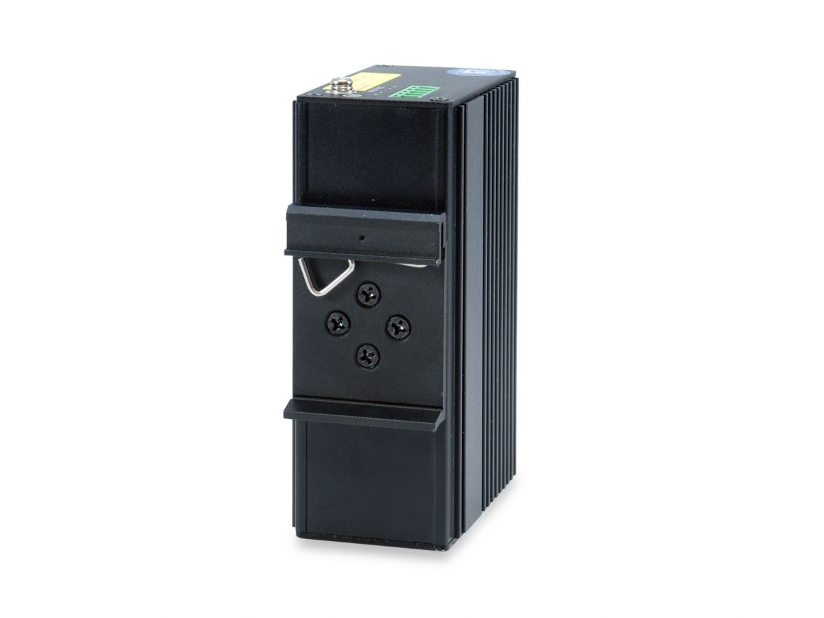 Dispositivo elettronico nero rettangolare con alette e viti, su sfondo bianco.