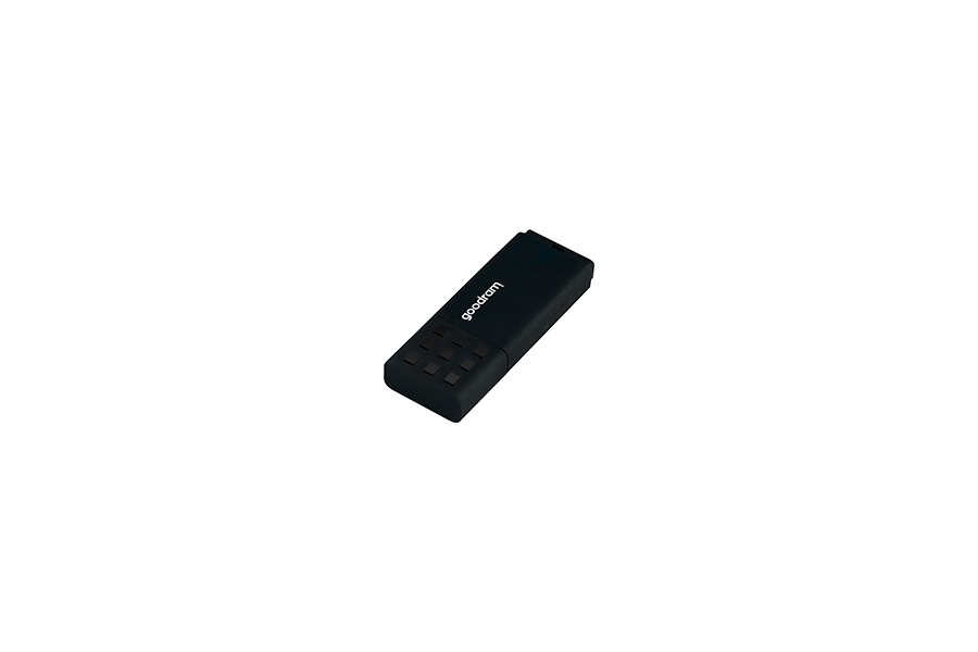 Black USB drive with buttons and white logo, on a white background.