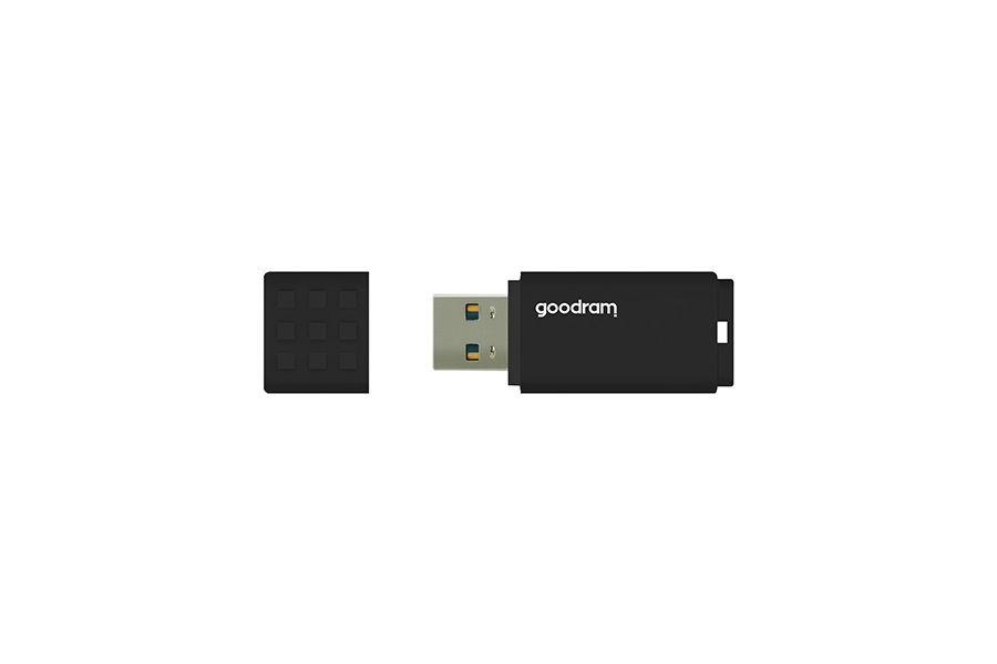 A black USB flash drive with its cap removed and placed beside it.