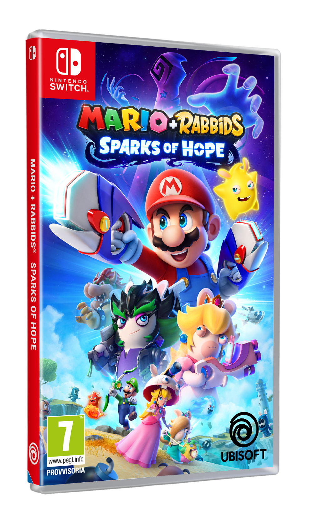 Custodia gioco Nintendo Switch Mario + Rabbids Sparks of Hope con personaggi.