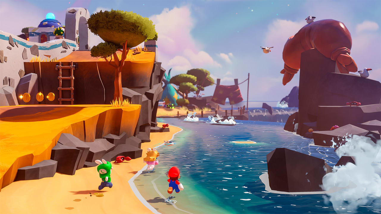 Mario, Luigi e Peach corrono sulla spiaggia con un'aragosta gigante sullo sfondo.