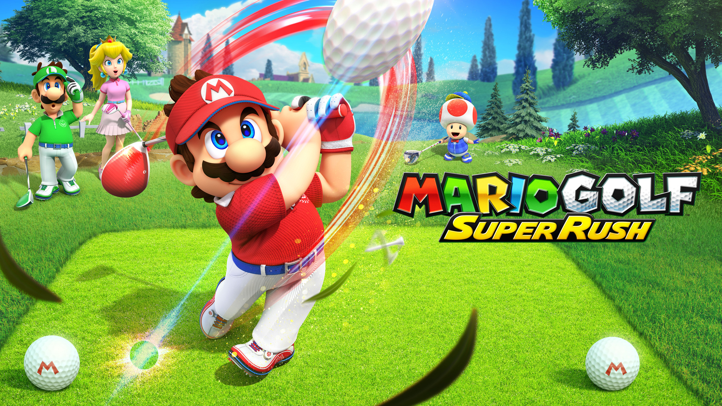 Mario brandisce una mazza da golf, con la principessa Peach e Luigi nelle vicinanze. Toad gioca sullo sfondo.