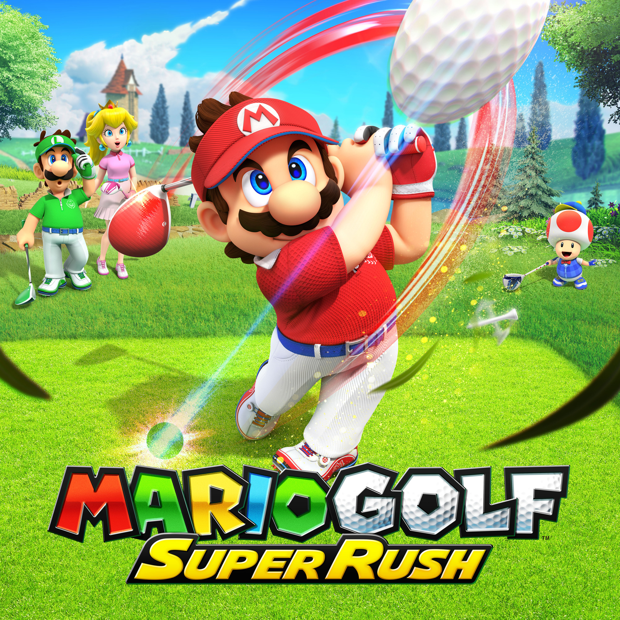 Mario Golf Super Rush: Mario colpisce, Peach & Luigi guardano. Toad sul green.
