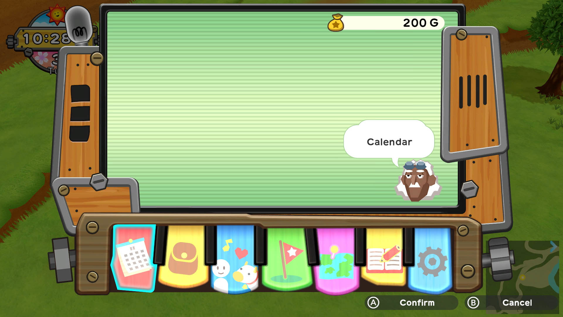 Menu di gioco con icona del calendario, denaro e opzioni.