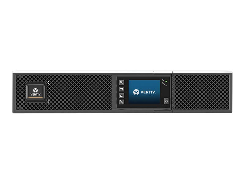Ein schwarzes Vertiv-Rackmount-Gerät mit einem Bildschirm und Lüftungsgittern.