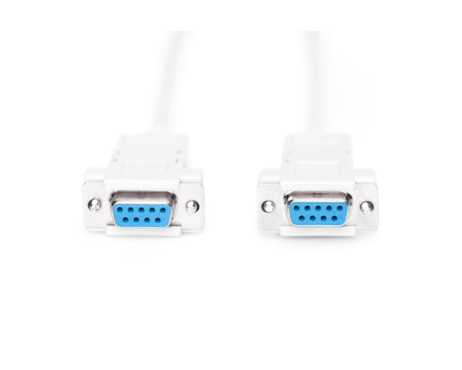 Due estremità di cavo bianche con connettori blu a 9 pin, isolate su sfondo bianco.