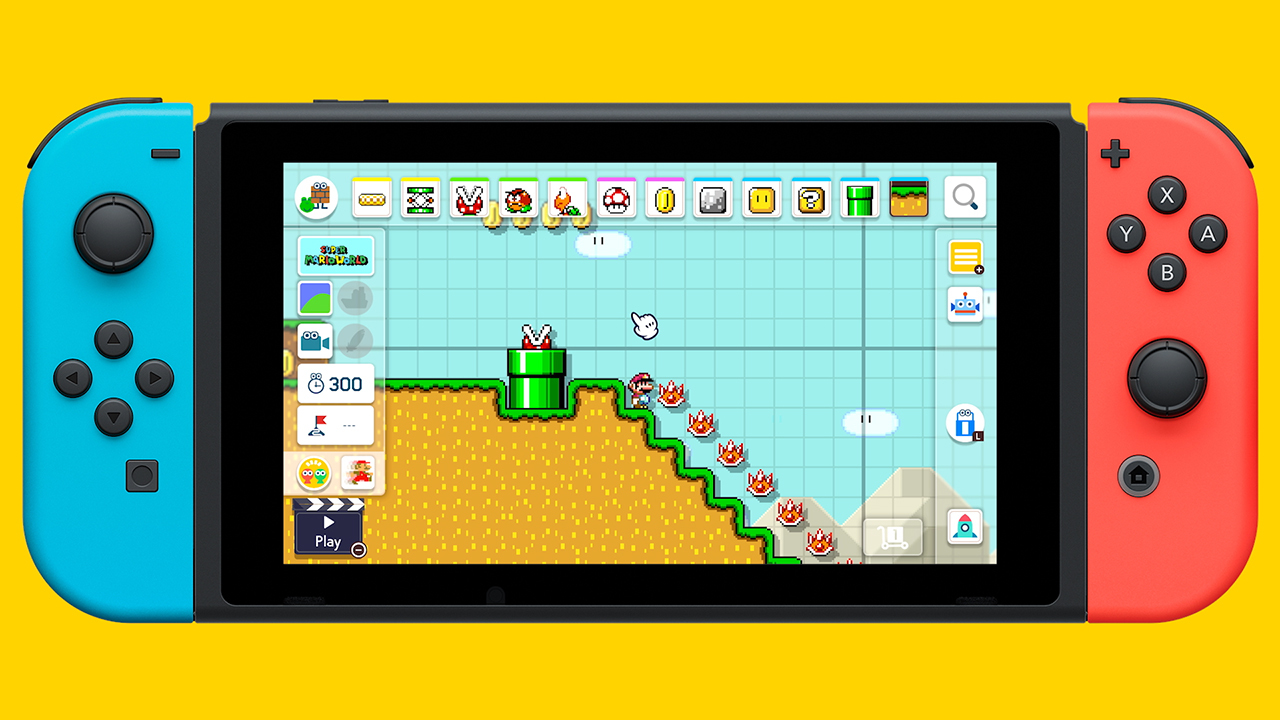 Nintendo Switch mostra l'editor di livelli di Super Mario Maker 2 con Mario e Piante Piranha.