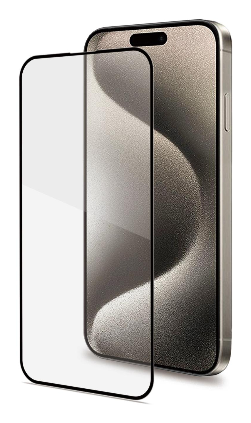 Una protezione schermo trasparente davanti a uno smartphone grigio con ritaglio fotocamera.