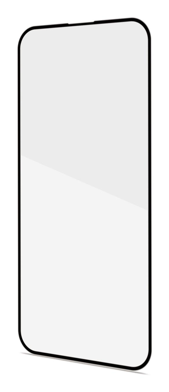 Una protezione schermo per smartphone trasparente con bordi arrotondati su sfondo bianco.