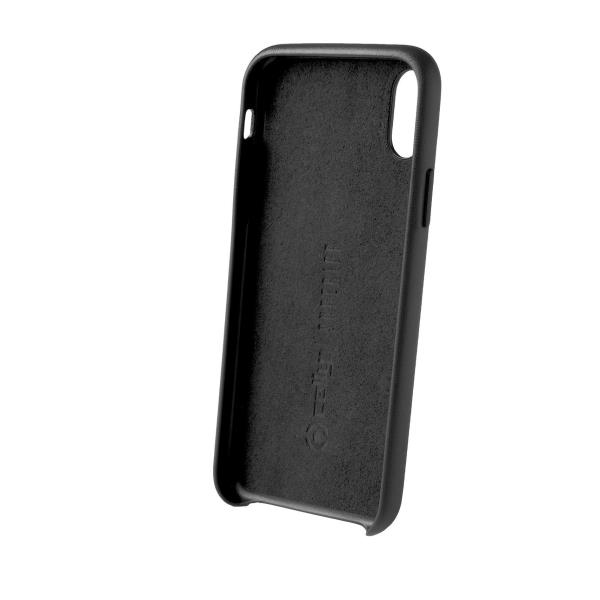 Cover nera per telefono vista frontalmente, con ritagli per fotocamera e pulsanti.