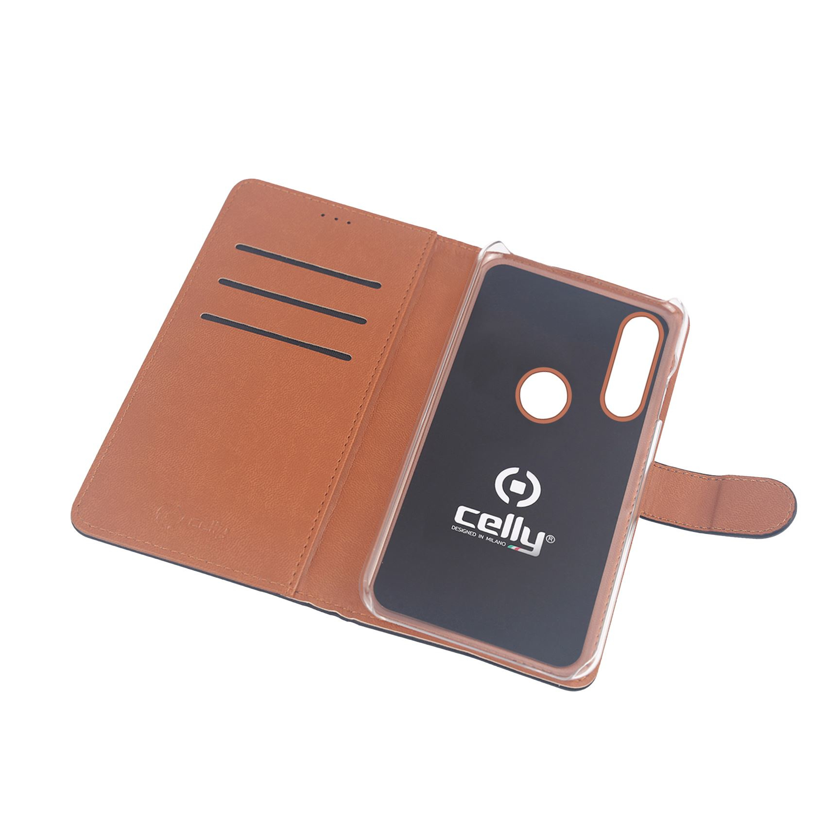 Una custodia a libro in pelle marrone per telefono con inserto trasparente.
