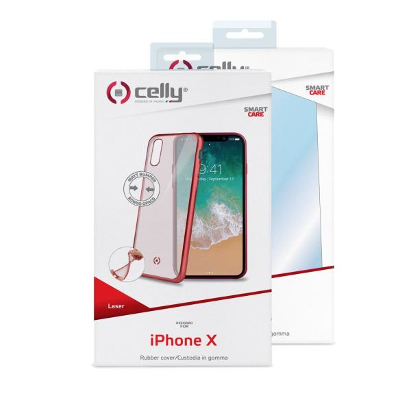 Confezione per cover e pellicola protettiva iPhone X. In primo piano un iPhone rosso.