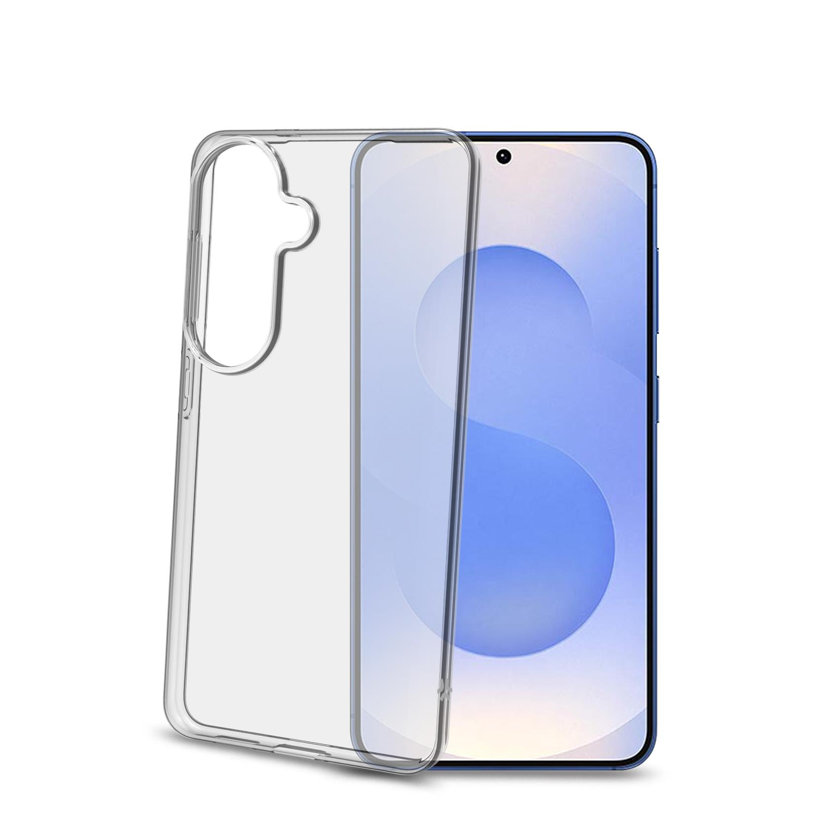 Una cover trasparente per telefono poggia accanto a uno smartphone con sfondo blu.