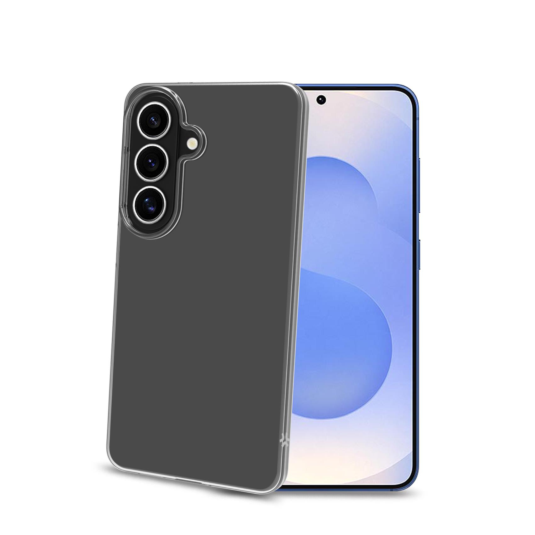 Una custodia trasparente per telefono giace accanto a uno smartphone con sfondo blu.