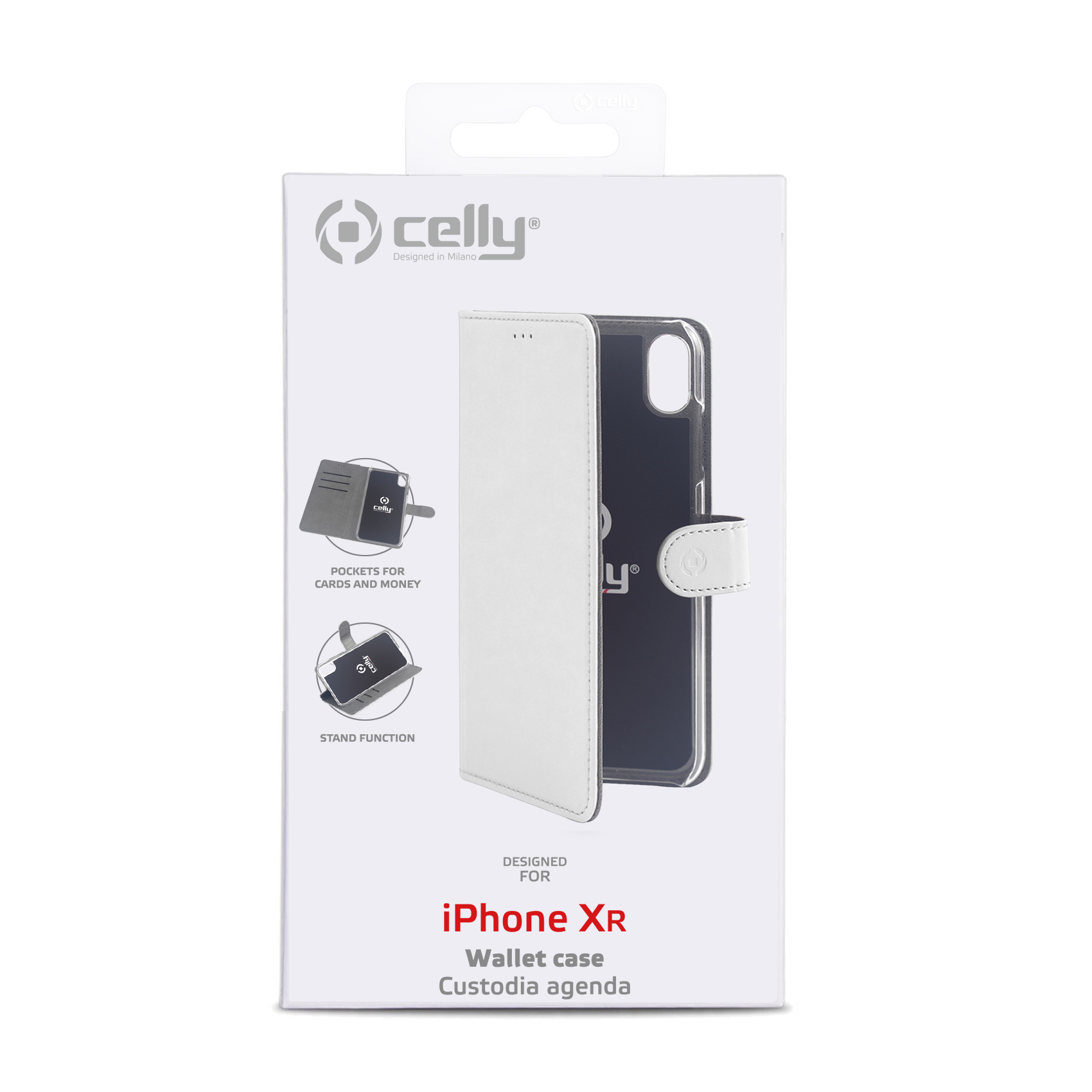 Weiße Handyhülle für iPhone XR mit Kartenfächern und Standfunktion.