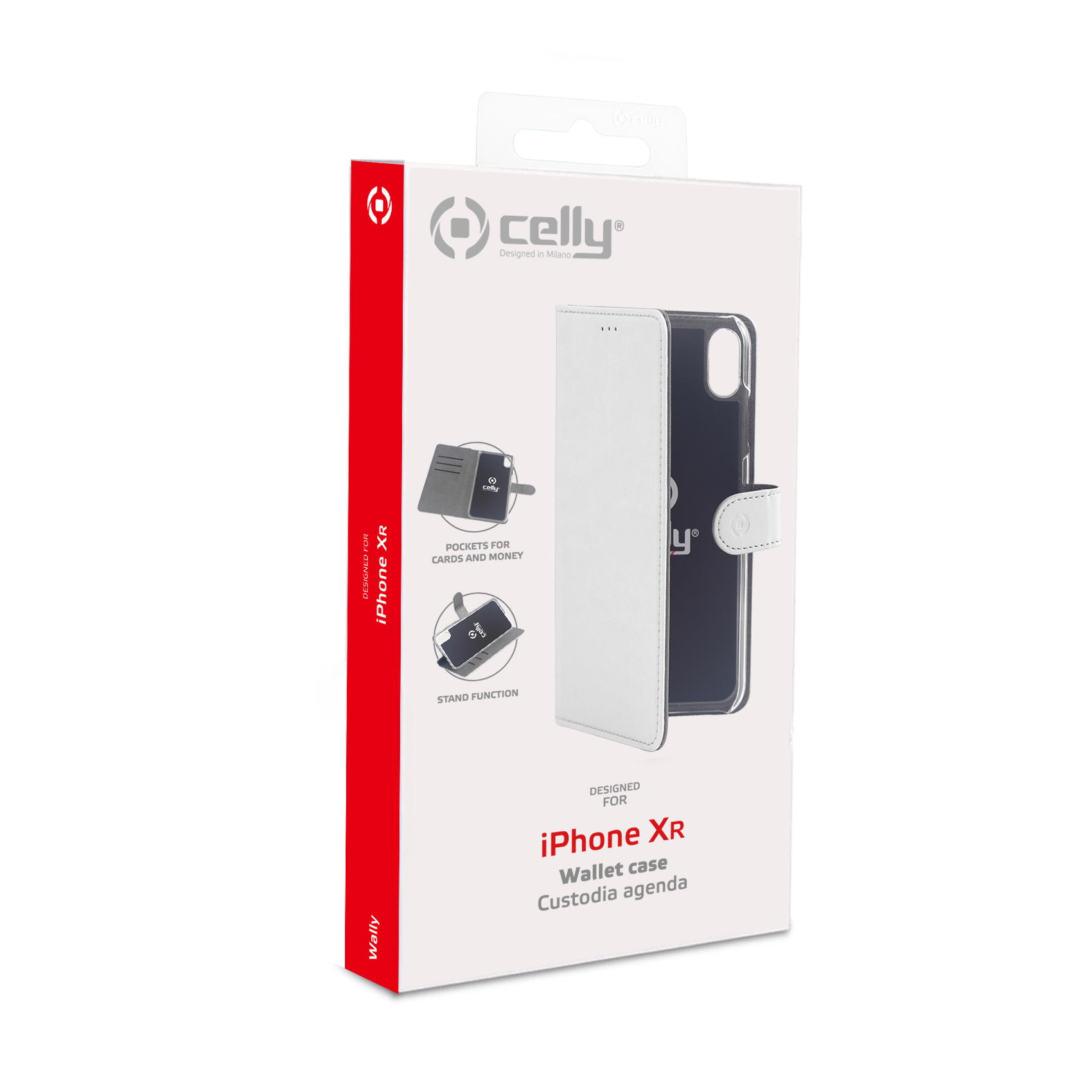 Verpackung für iPhone XR Wallet Hülle in Weiß, zeigt Hülle und Funktionen.