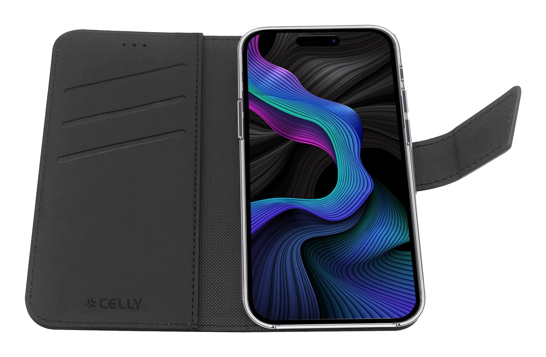 Custodia nera a libro, mostra uno smartphone con sfondo colorato.