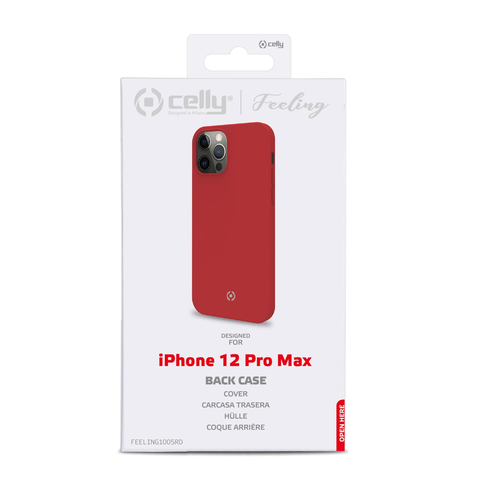 Cover posteriore rossa per iPhone 12 Pro Max su confezione bianca.