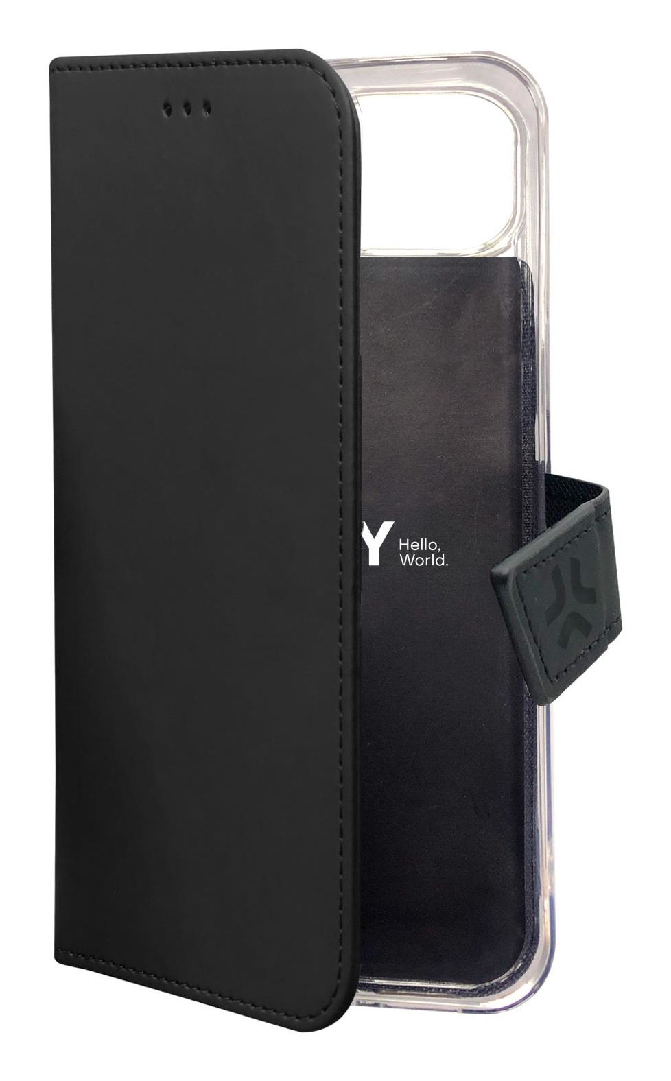 Custodia a portafoglio in pelle nera per smartphone, aperta, con cornice trasparente.