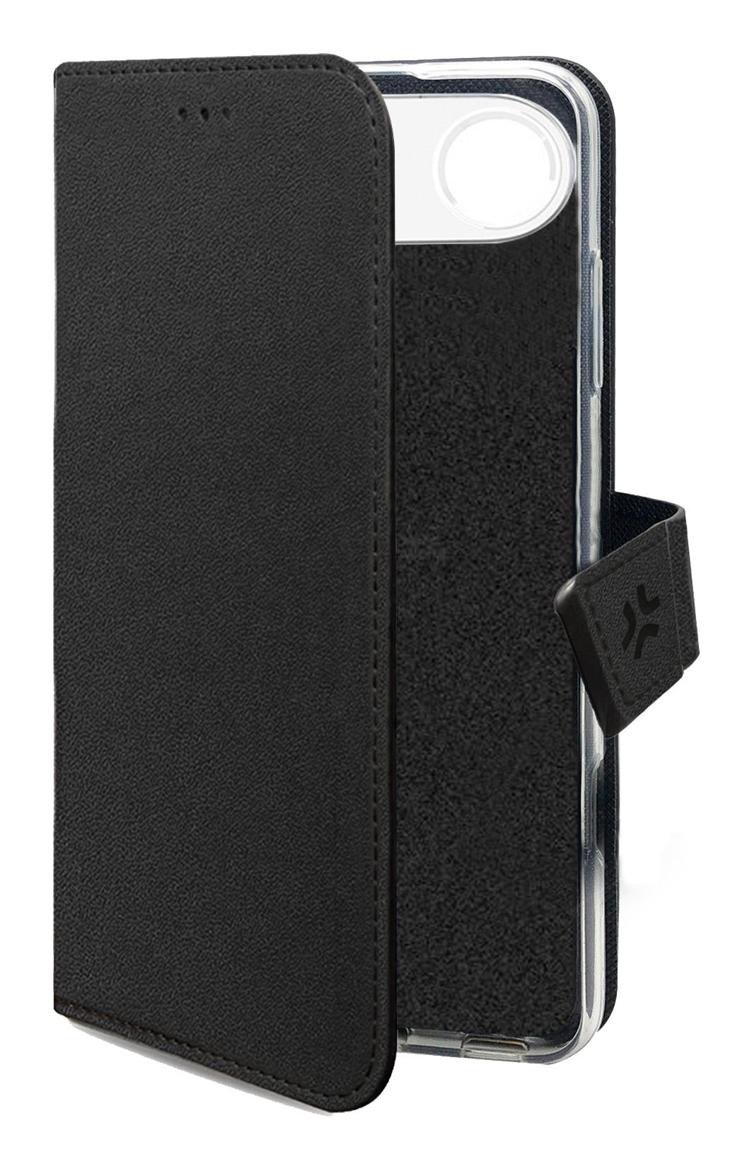 Custodia a libro in pelle nera che mostra il telaio del telefono e l'area della fotocamera.