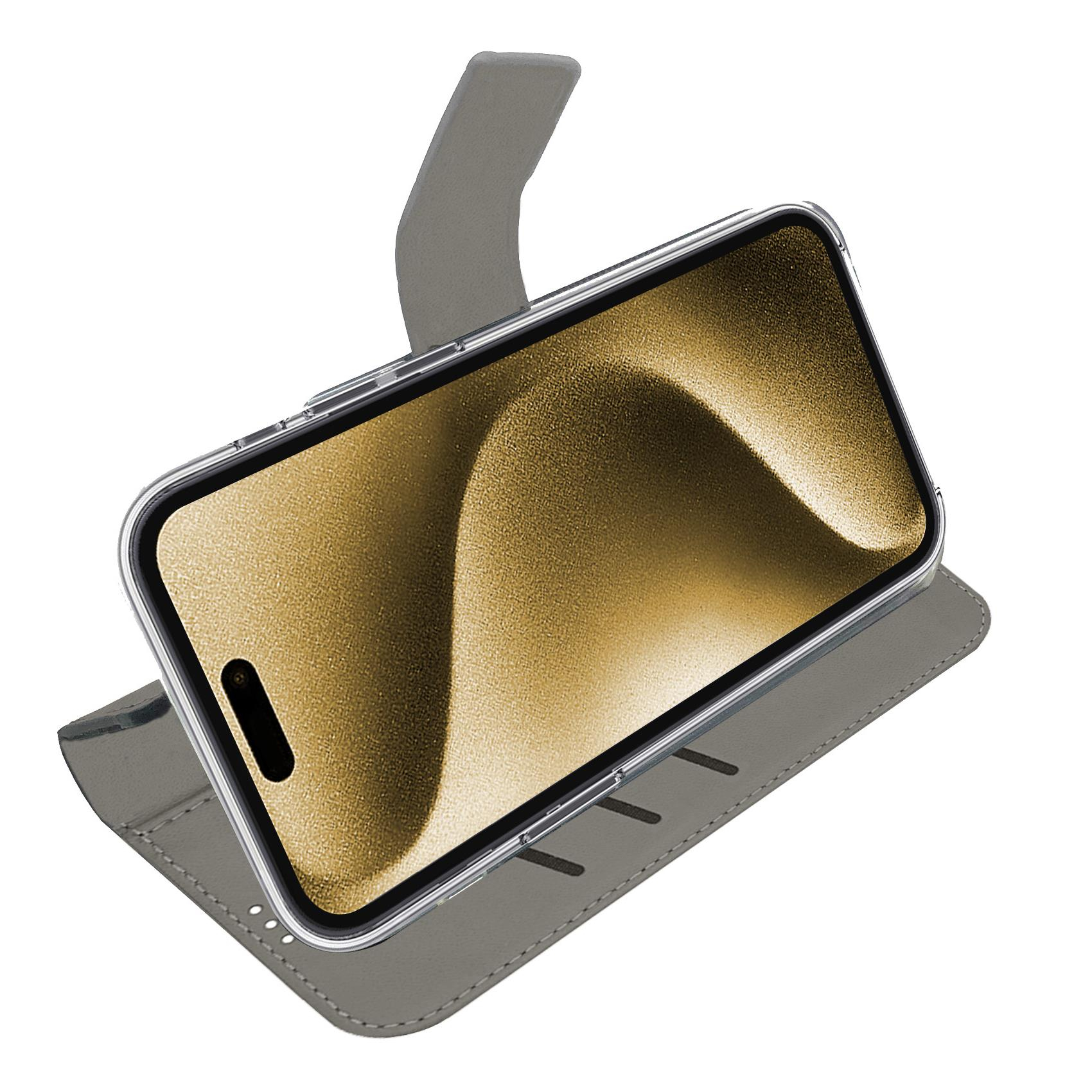 Custodia a libro grigia con cornice trasparente che tiene uno smartphone.