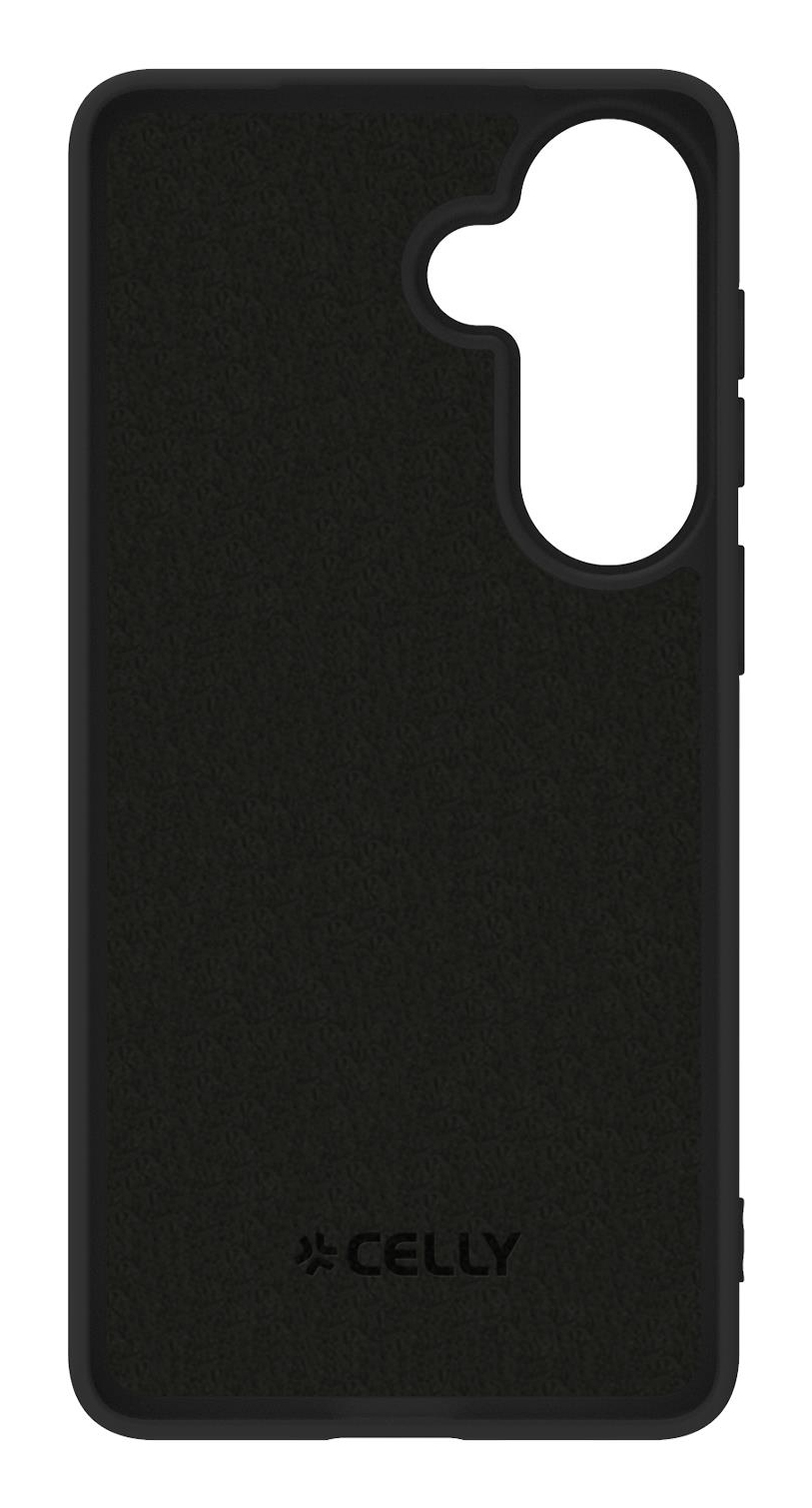 Cover nera per telefono con finitura testurizzata e foro per la fotocamera.