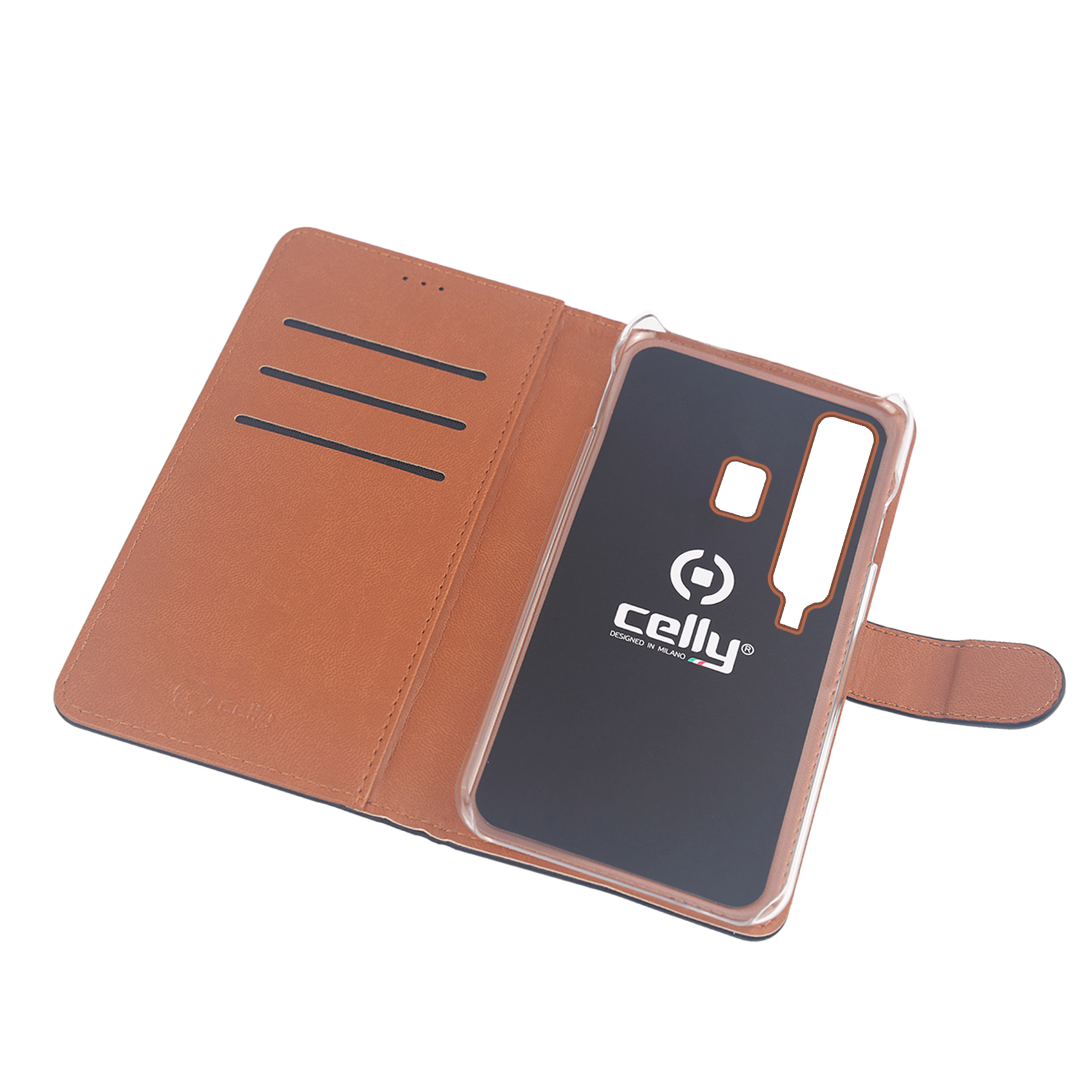 Custodia marrone per telefono con inserto trasparente e slot.