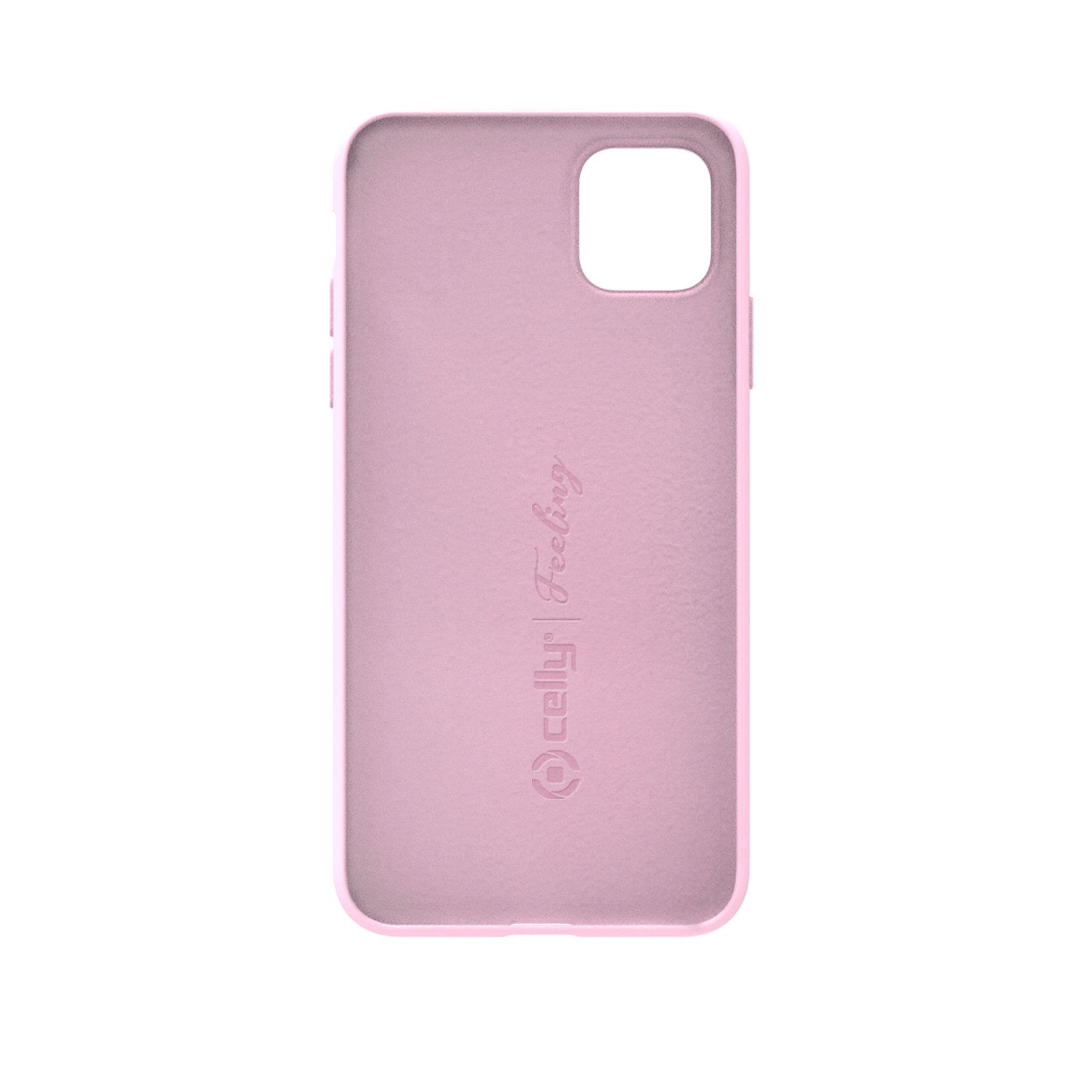 Una cover rosa per telefono con ritaglio fotocamera e logo.