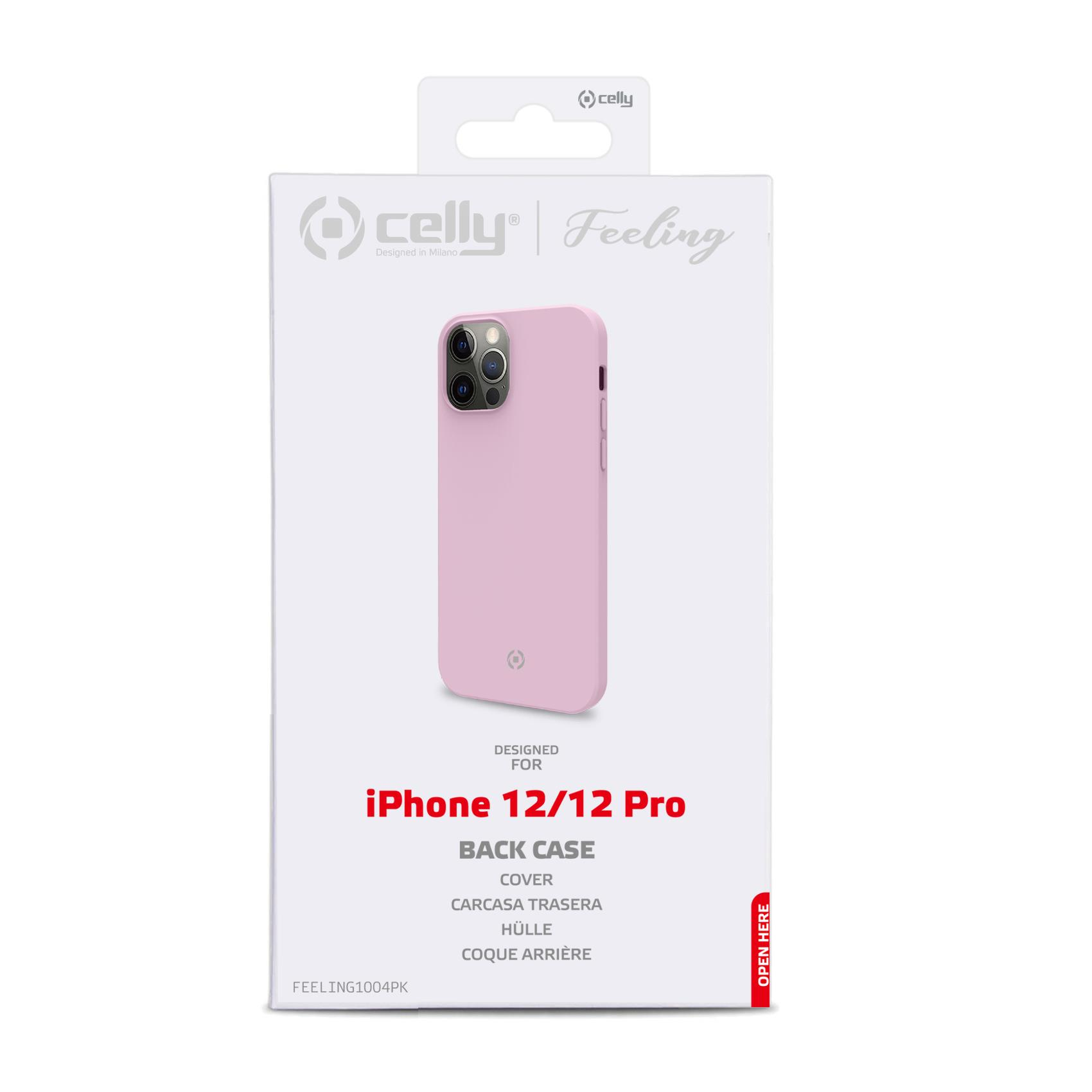Una cover rosa per iPhone 12/12 Pro sulla sua confezione.