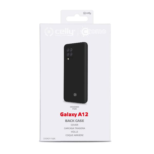 Confezione per cover nera per Galaxy A12, con logo Celly.