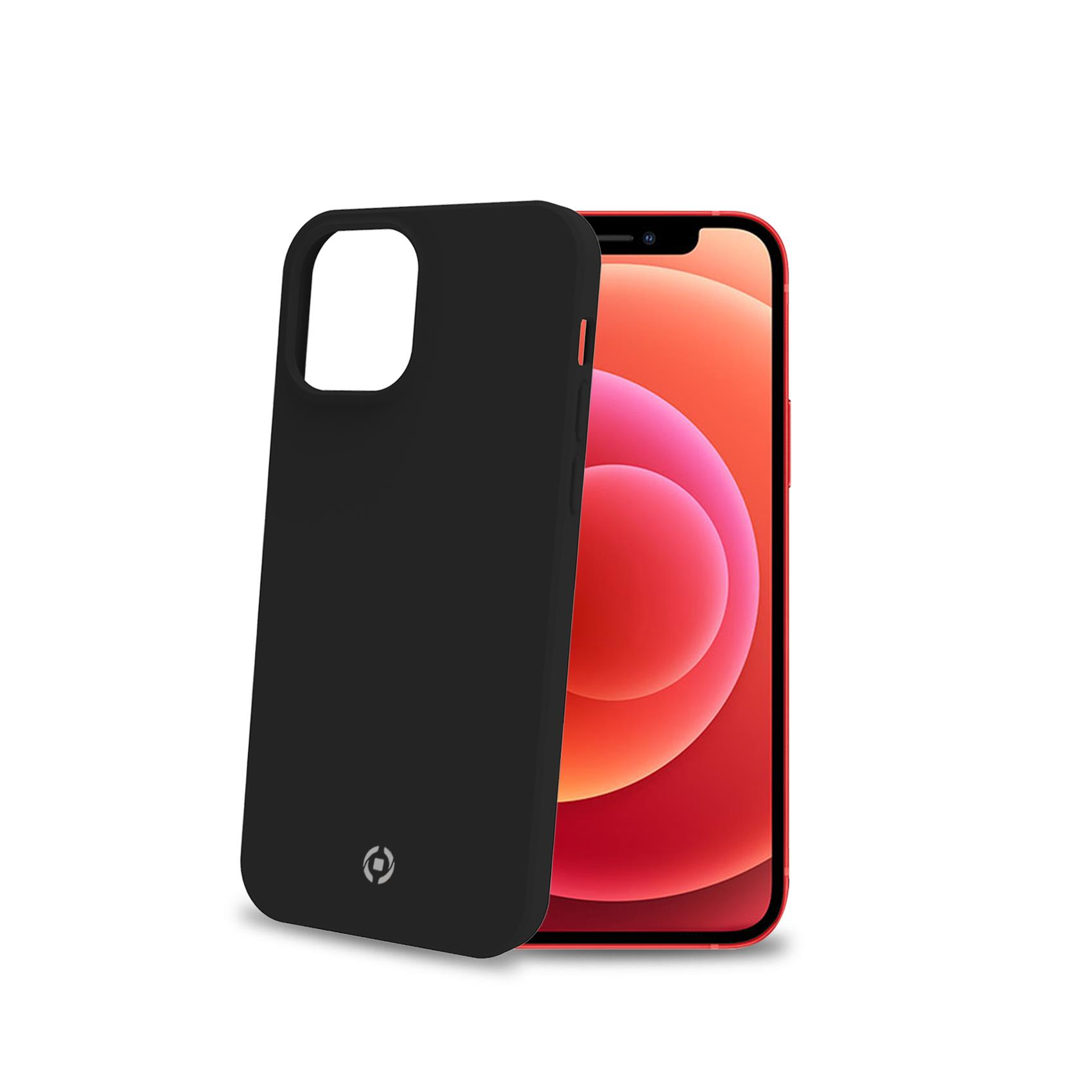 Una custodia nera davanti a uno smartphone rosso con sfondo arancione.