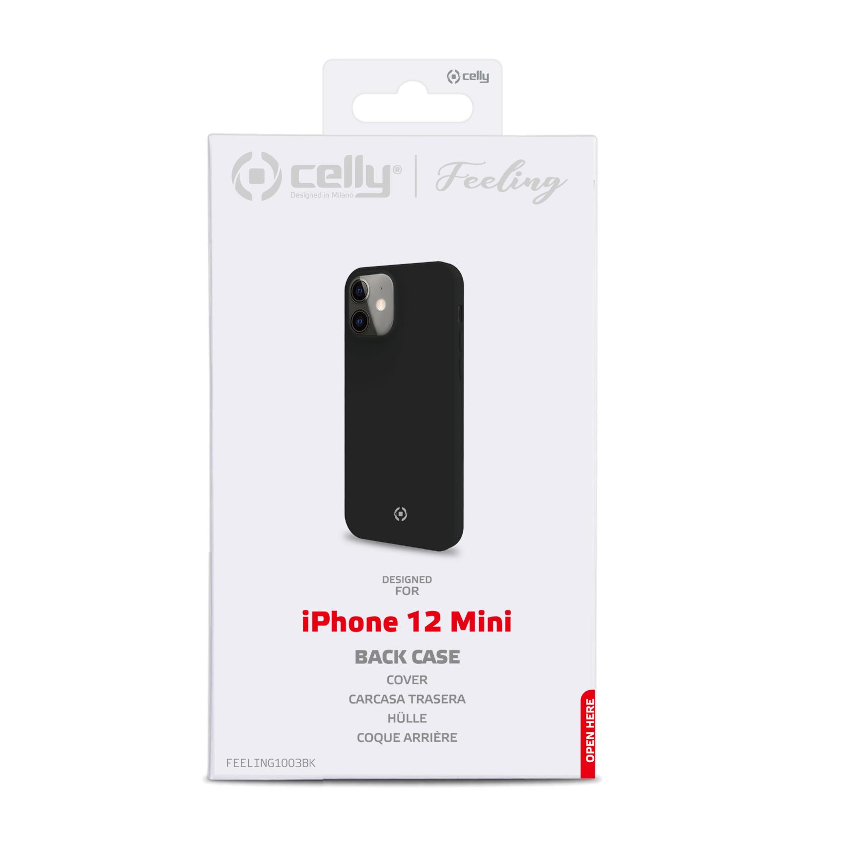Confezione per una cover nera per iPhone 12 Mini con logo Celly.