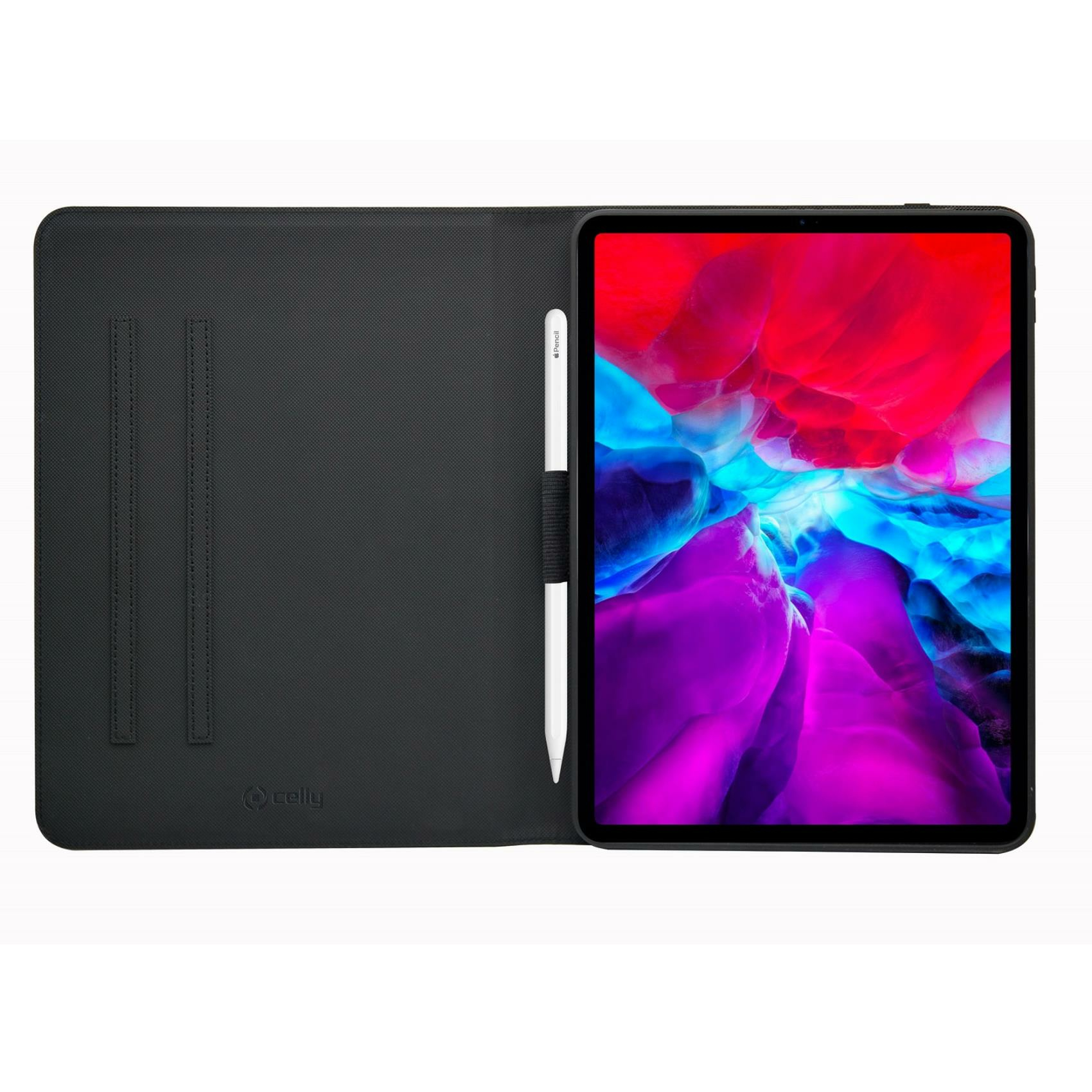 Una custodia nera per tablet con stilo e sfondo colorato sullo schermo.