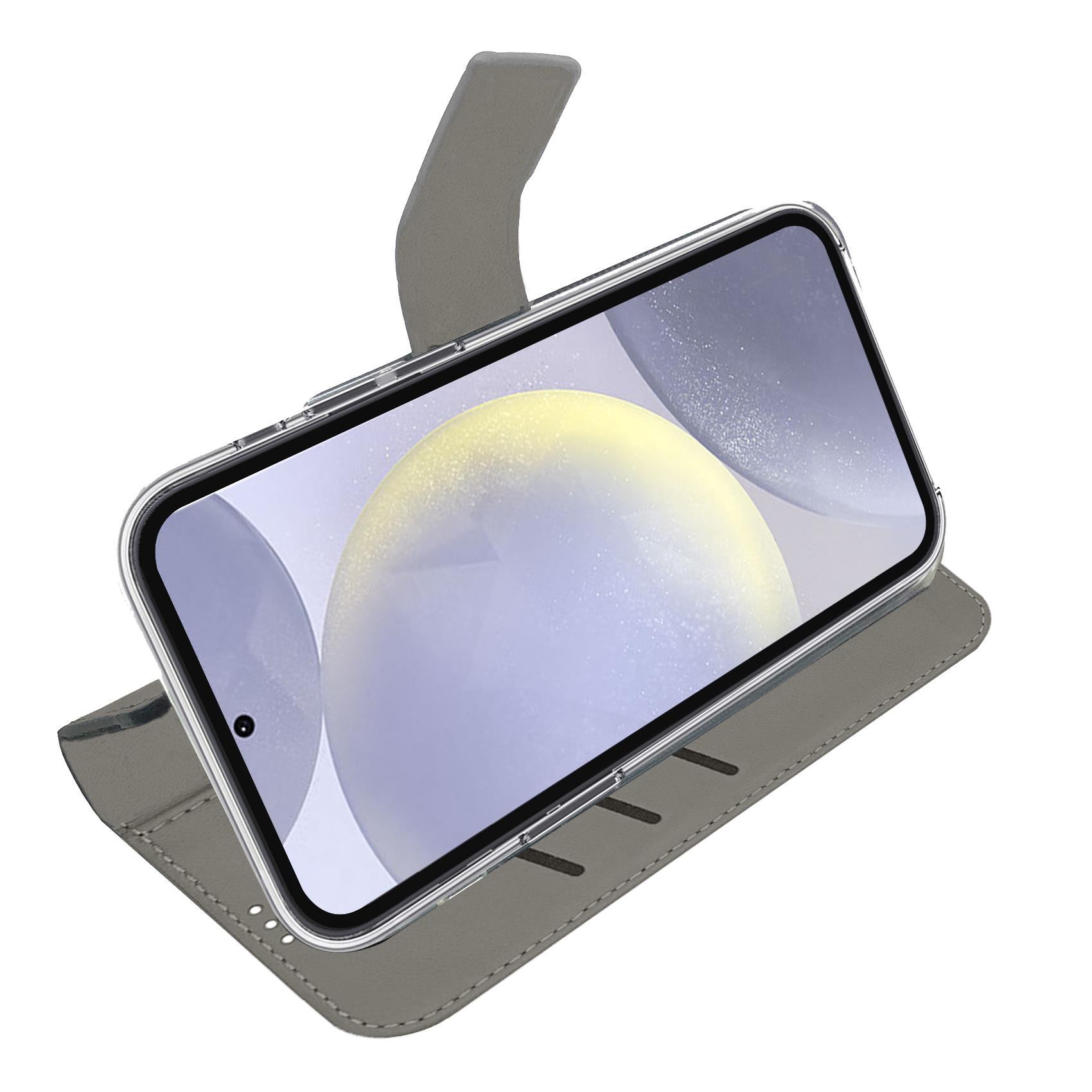 Graues Flip-Case mit transparentem Handy-Schutz. Das Handy ist in der Hülle aufgestellt.