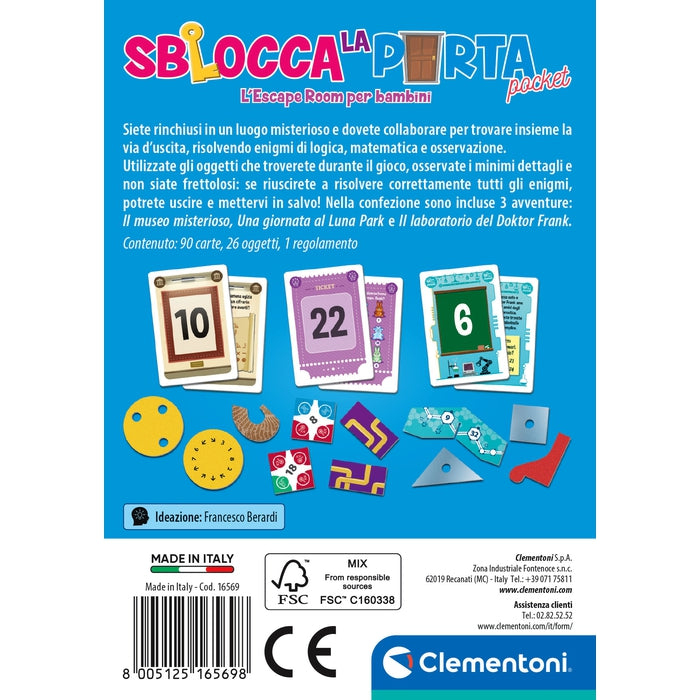 Spiel "Sblocca la Porta Pocket" mit Karten und Objekten für Kinder.