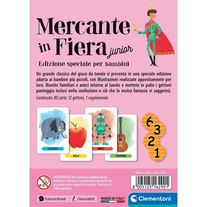 Spiel "Mercante in Fiera junior". Zeigt Elefant, Apfel, Roboter, Gitarre und Zahlen.