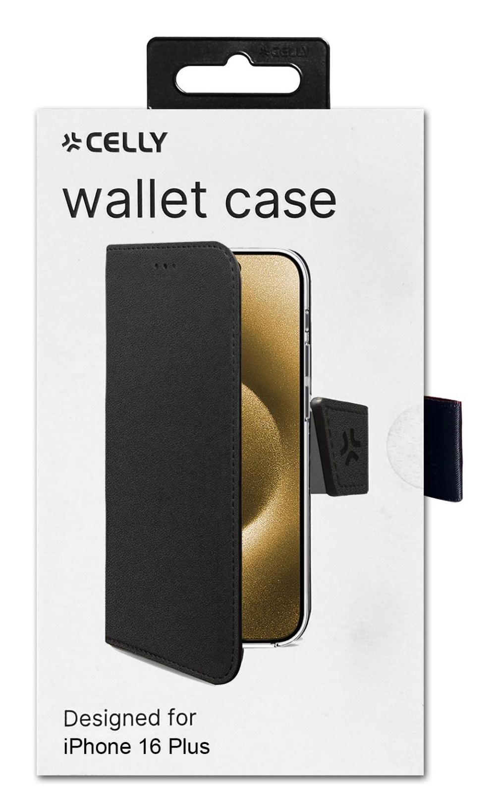 Custodia a portafoglio Celly nera per iPhone 16 Plus.
