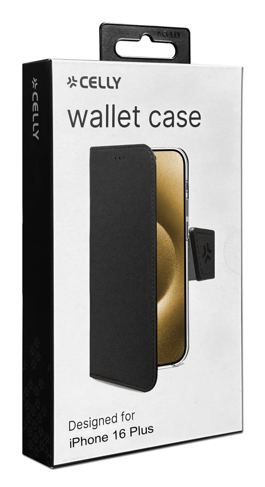 Custodia a portafoglio nera per iPhone 16 Plus su confezione bianca.