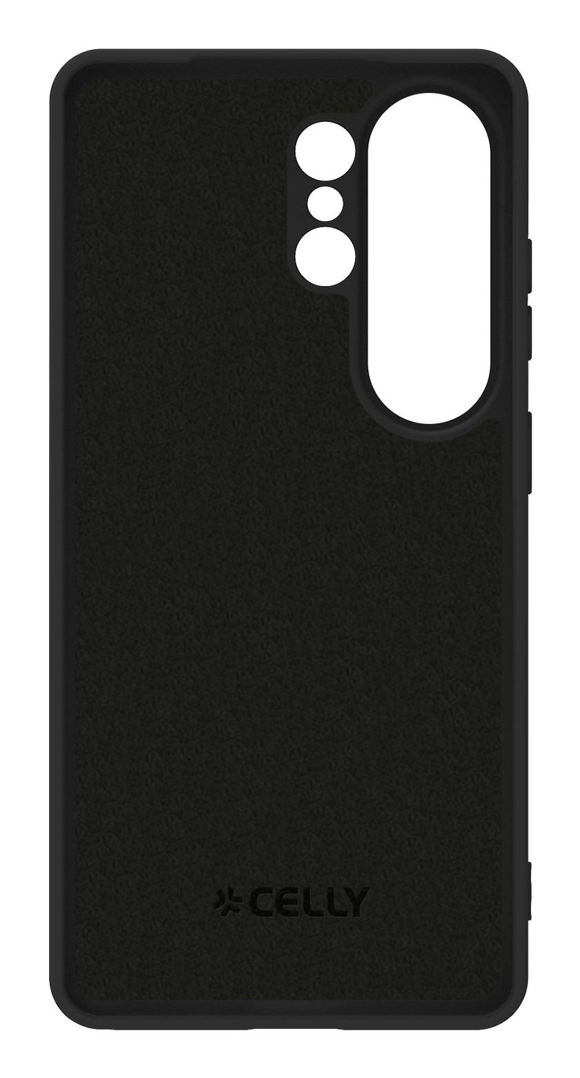 Custodia nera per telefono con ritagli fotocamera e logo in basso.